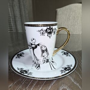 Black and White Jack Skelington And Sally Cup and Saucer with Gold Handle